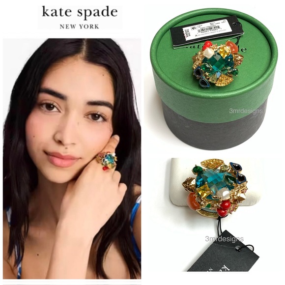NWT Kate Spade ♠️ SWEET TREASURES 12-K Gold Plated Glass Pearl/CZ Crystals Ring - Picture 2 of 12